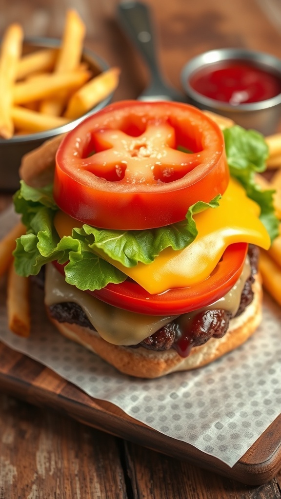 A delicious hamburger with lettuce, tomato, and cheese on a toasted bun, served with fries.